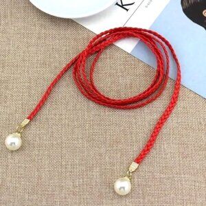 Belt Braided PU Leather Tie Pearl Dress Red Stylish Trendy No Hole Adjustable